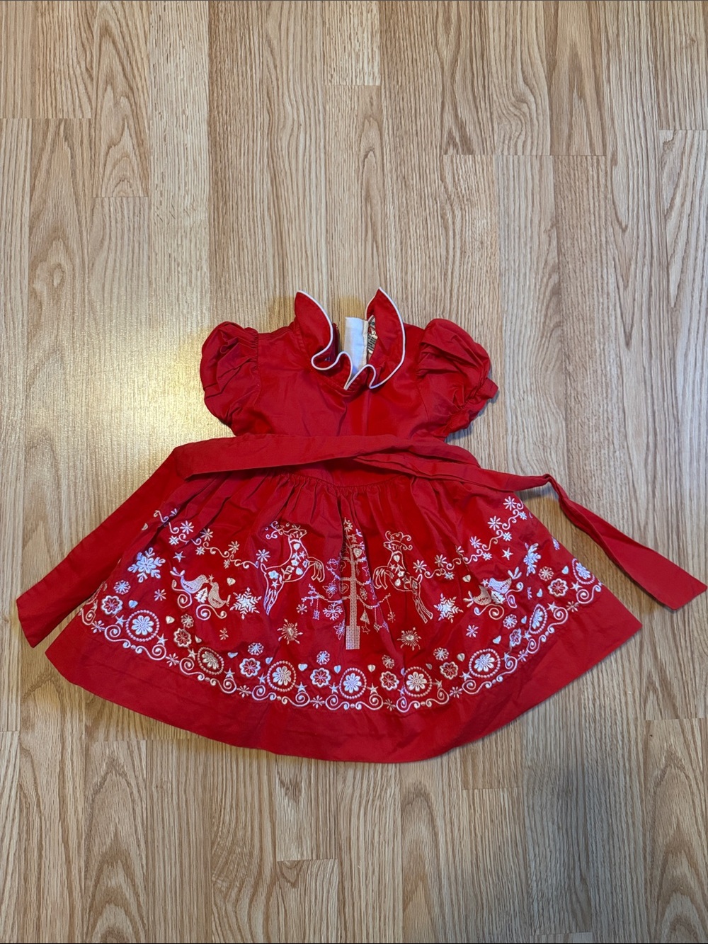 Red Embroidered Girls' Dress with Ruffled Collar